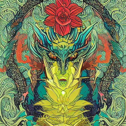 Prompt: flower dragon priest in the style of dan mumford and leiji matsumoto