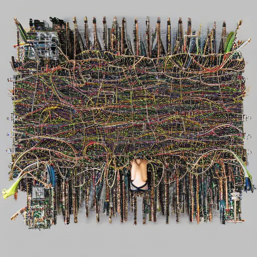 Image similar to tapping in to something greater, piles of modular synth cables, goddess laying down wearing a big headpiece made of circuit boards in a photo shoot for balenziaga, wlop, stanley kubrick, masamune, unique perspective, eastman color, perfect details, trending on artstation, 3 d render, smooth render, wlop