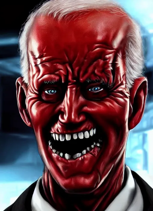 Image similar to hyper realistic terror photo Doom horror furious glowing red eyes biden