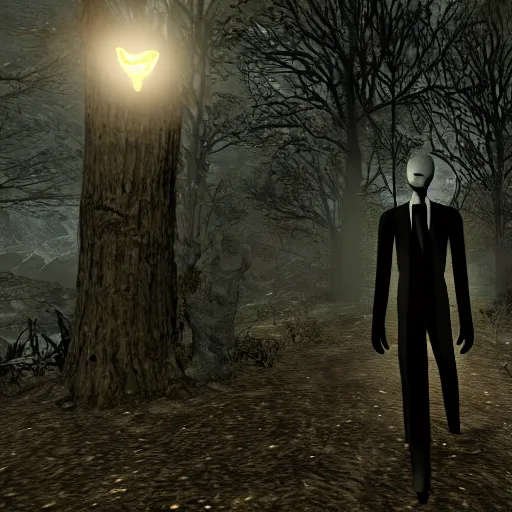 Prompt: slenderman in skyrim, flashlight on, night