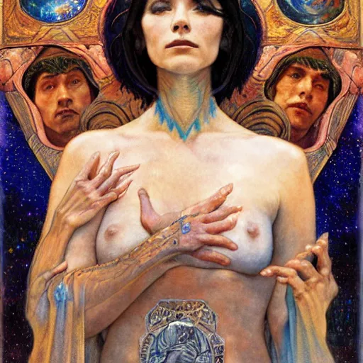 Image similar to queen of the moon with stars in her hair, by annie swynnerton and tino rodriguez and donato giancola and nicholas roerich and jean delville and diego rivera, dramatic lighting, god rays, geometric tattoos, rich colors, smooth sharp focus, extremely detailed, adolf wolfli