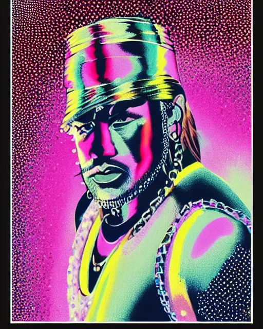 Image similar to flamboyant bling rhinestones & lame hardman ronin samurai grizzled unshaven Toshiro Mifune fullwide angle warrior stance, Swarovski dot pointillist oilpastels black paper, detailed art graphic art poster by Felipe Pantone