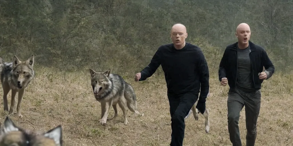 Prompt: a film still of Bill burr in running with wolves, high quality