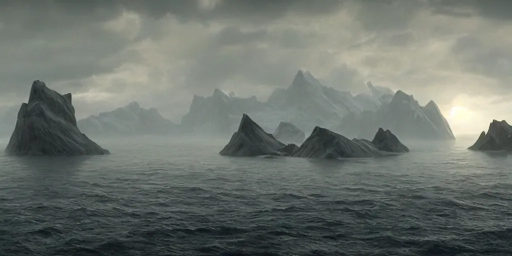 Image similar to screenshot from a movie, epic matte painting of a misty greenland island on choppy seas, cinematic cinematography masterpiece, skull, greg rutkowski, and ivan aivazovski, roger deakins