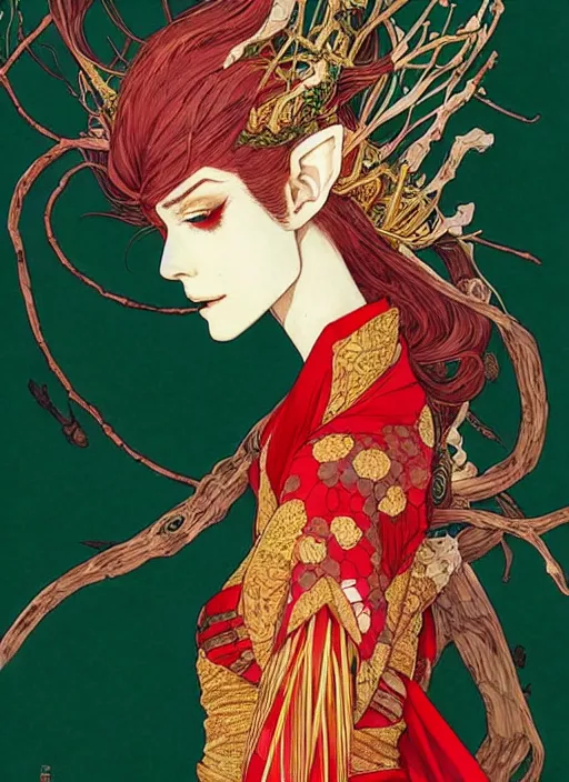 Prompt: half body portrait of a beautiful elven queen in red green gold dress, detailed, wearing kimono armor, by conrad roset, takato yomamoto, jesper ejsing, beautiful