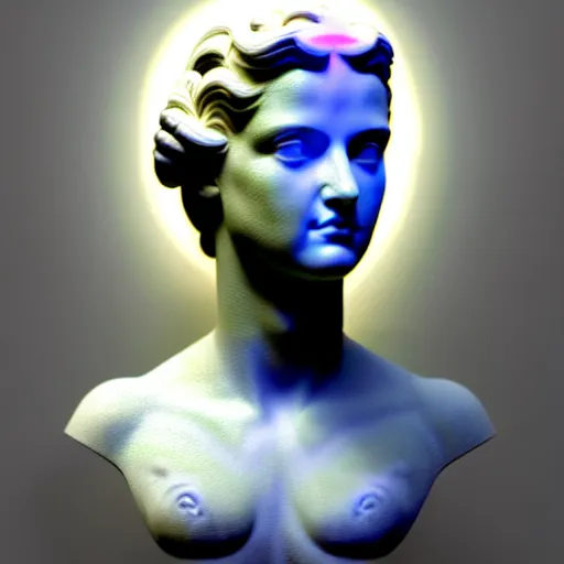 Image similar to sci - fi cgartist wide shot anaglyph ambient occlusion rendering of a hyper realistic marble greek statuary regal goddess head glowing with embedded vaporwave leds product photo high key colored lighting, trending on artstation volumetric lighting