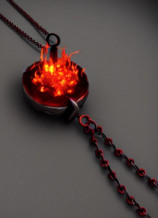 Image similar to rpg item, a black necklace with a red diamond pendant in flames, Unreal 5, DAZ, hyperrealistic, rpg style, octane render, dynamic lighting