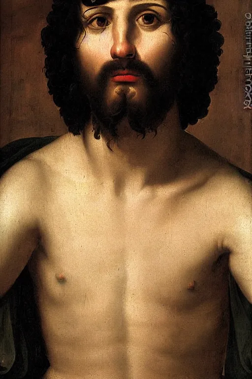 Image similar to renaissance painting of man, short black hair, pleading face, tears dripping from the eyes, emotions closeup, dressed in roman armour, the Eden garden, ultra detailed, art by Guido Reni style, Vincenzo Catena style