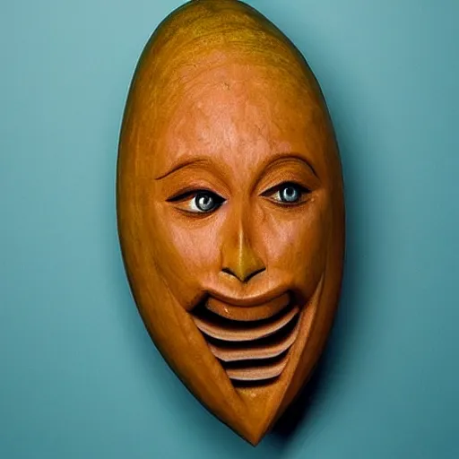 Image similar to a [ gourd ] carved shaped to look like ( amber heard face ) hybrid intercross