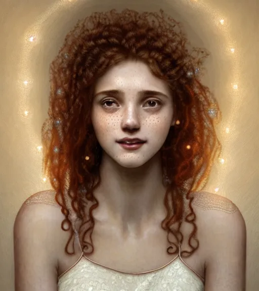 Image similar to portrait of teenage aphrodite, light freckles, curly copper colored hair, smiling kindly, wearing an embroidered white linen dress, lace neckline, intricate, elegant, mother of pearl jewelry, glowing lights, highly detailed, digital painting, artstation, concept art, smooth, sharp focus, illustration, art by wlop, mucha, artgerm, and greg rutkowski