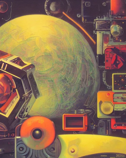 Prompt: majora's mark among 8 0 s era technology, vintage shapes, retro technology, vintage color, wayne barlow, oil on canvas, deep depth of field, masterpiece, cinematic composition, hyperdetailed