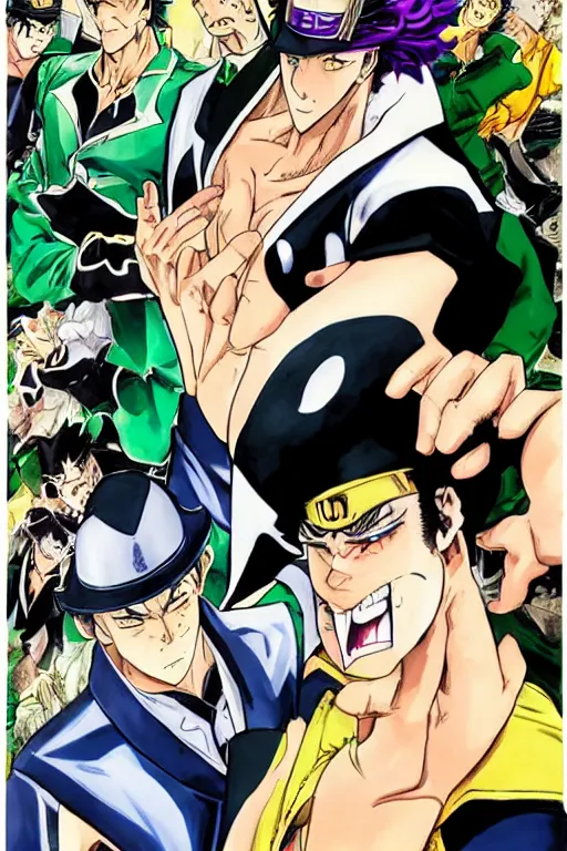 Image similar to manga cover of jotaro kujo fighting dio, shounen jump, art by hirohiko araki, japanese comic book, art by keisuke itagaki, modern fashion outfit, dynamic poses, action poses, muscular characters