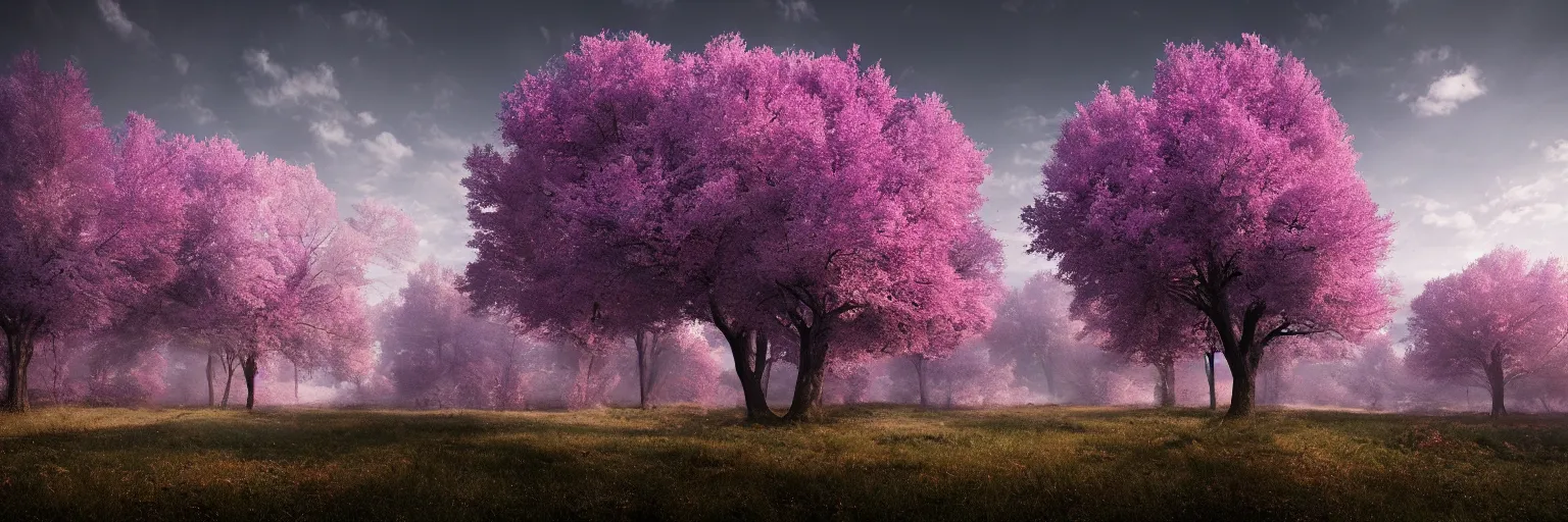 Prompt: michal karcz photo of a beautiful landscape. , purple trees, detailed, elegant, intricate, 4k,
