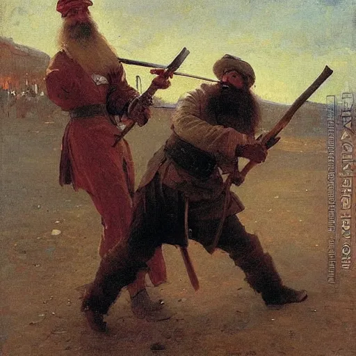 Prompt: duel between two ax - wielding bearded armed men. wide - angle. by ilya repin