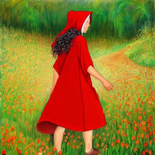 Image similar to painting of little red riding hood walking through a meadow of datura flowers, realistic