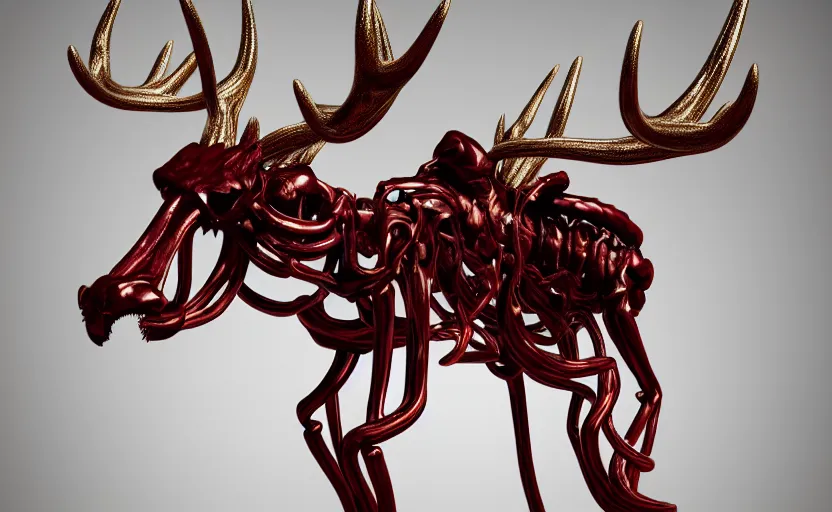 Image similar to stylized shiny polished silver statue full body bizarre extra limbs cosmic horror quadruped animal moose deer skull four legs made of marble of slug worm creature tendrils perfect symmetrical body perfect symmetrical face hyper realistic hyper detailed by johannen voss by michelangelo octane render blender 8 k displayed in pure white studio room anatomical deep red arteries veins flesh animatronic