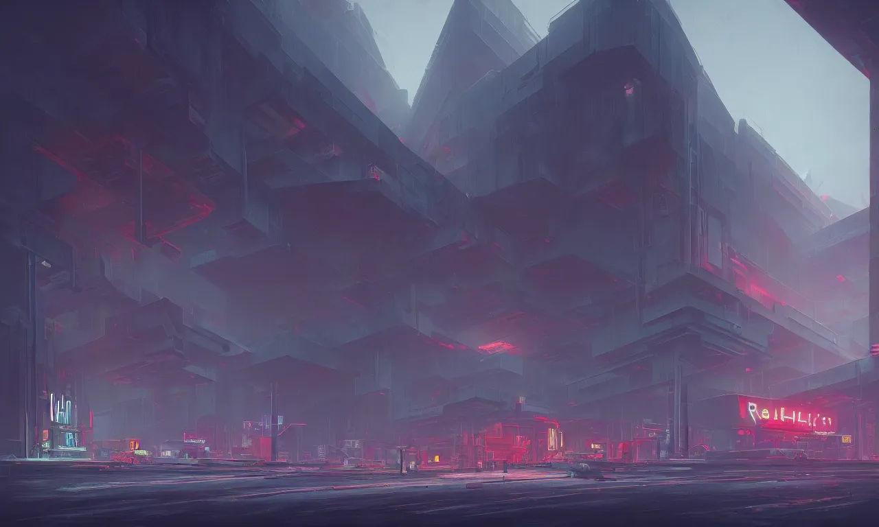 Image similar to brutalist architecture, colorful neon lighting, raphael lacoste, eddie mendoza, alex ross, concept art, matte painting, highly detailed, rule of thirds, dynamic lighting, cinematic, detailed, denoised, centered