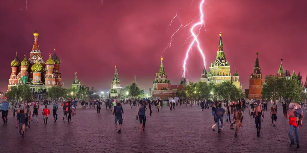 Image similar to a fiery thunderstorm with a tornado over red Square in Moscow, lot of people running and crying, photorealistic, 4k, unreal engine 5, trending on artstation, artstationHD