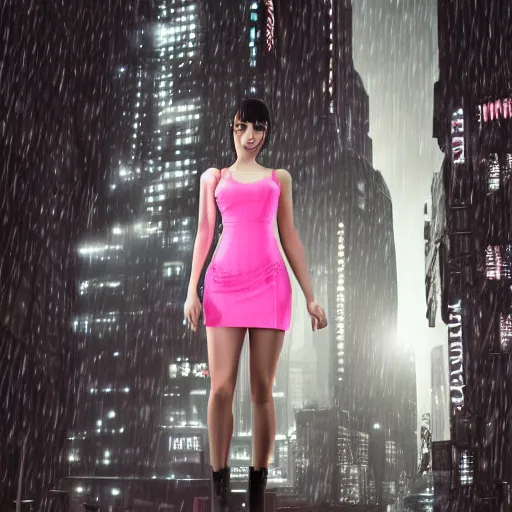 Image similar to blade runner city vicious girl in a short pink dress, 3d realistic photo 8k