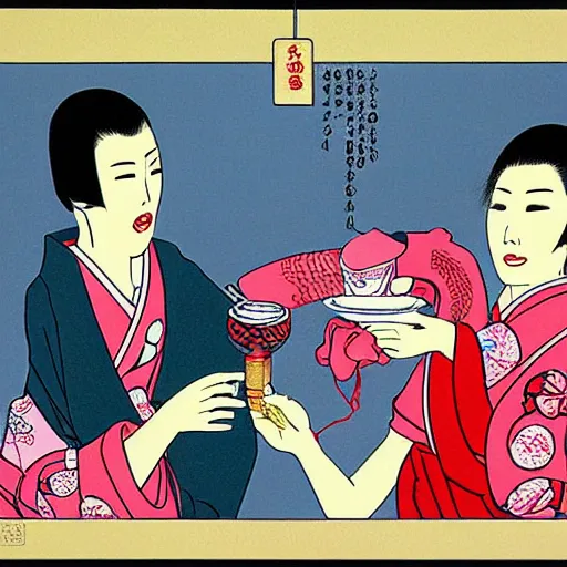 Image similar to Japanese beauty wrapped in a snake having tea with her husband by Toshio Saeki, high detailed