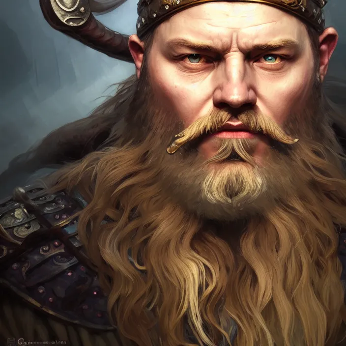 Prompt: excellent painted portrait of the ancient viking emperor of the northlands, character artwork, 8k resolution artwork, trending on artstation, detailed oil painting portrait, art by artgerm and greg rutkowski and alphonse mucha and craig mullins and James Jean and Andrei Riabovitchev and Marc Simonetti and peter mohrbacher