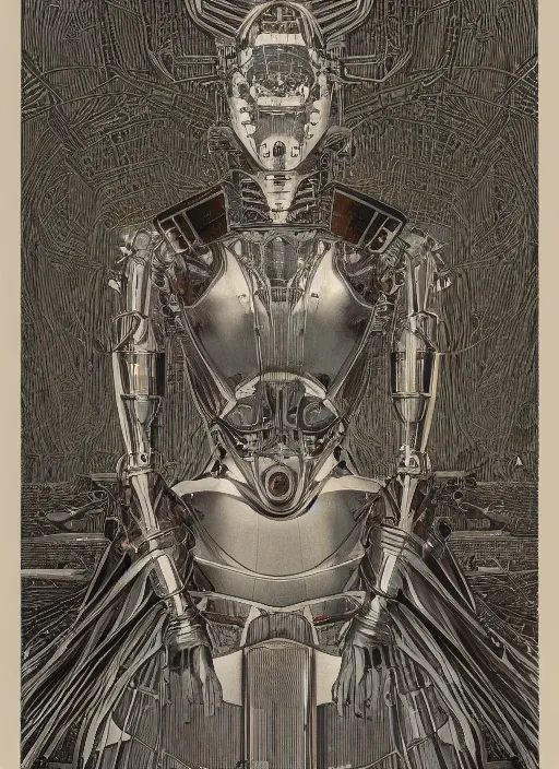 Image similar to 2 d illustration, grained risograph, vintage horror sci - fi portrait of a futuristic silver armored geisha district 9 cyborg, parallax, fractal, intricate, elegant, by jheronimus bosch and moebius louis jacques mande daguerre and szukalski