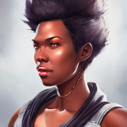 Prompt: confident black female lawyer, D&D, fantasy litigator, portrait, highly detailed, digital painting, trending on artstation, concept art, sharp focus, illustration, art by artgerm and greg rutkowski and magali villeneuve