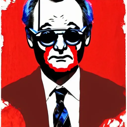 Prompt: bill murray in a suit and tie with a creepy face, a screenprint by warhol, reddit contest winner, antipodeans, hellish, anaglyph filter, hellish background