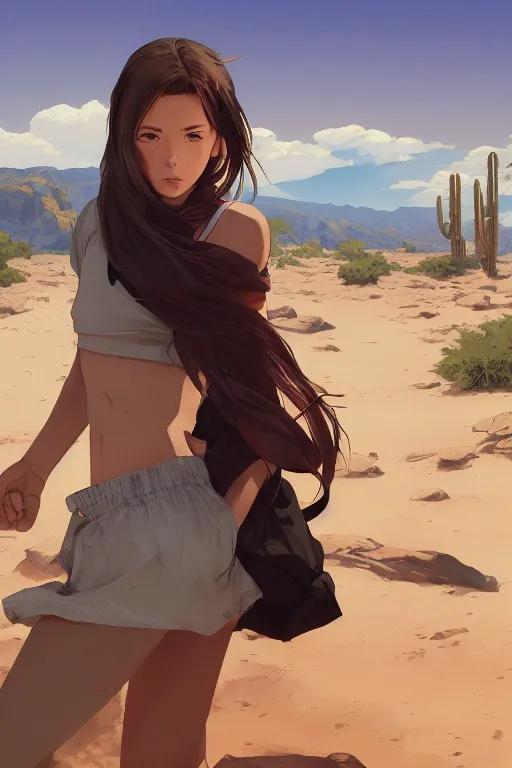 Prompt: a girl hiking in the desert, mid shot, fine - face, realistic shaded perfect anatomy, fine details. night setting. very anime style. realistic shaded lighting poster by ilya kuvshinov katsuhiro, magali villeneuve, artgerm, jeremy lipkin and michael garmash, rob rey and kentaro miura style, trending on art station