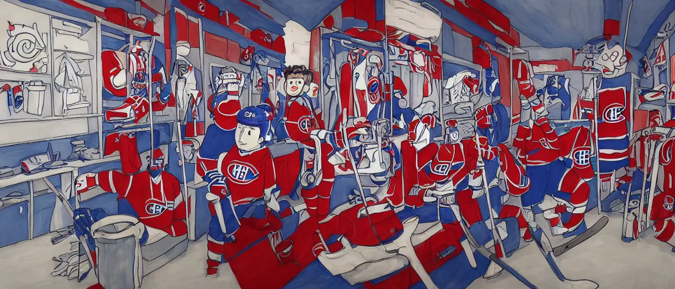 Image similar to montreal canadiens habs centre bell hockey dressing room, style of studio ghibli + moebius + basquiat, cute, detailed,