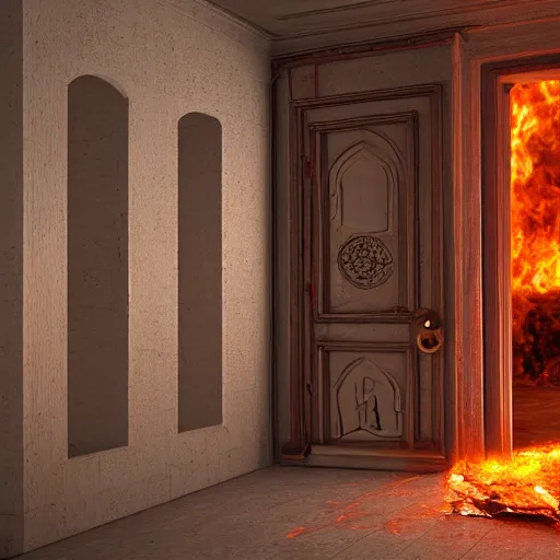 Image similar to a staircase leading up to a door with fire coming out of it, a digital rendering by kamal ud - din behzad, cg society, happening, hellish background, hellish, unreal engine