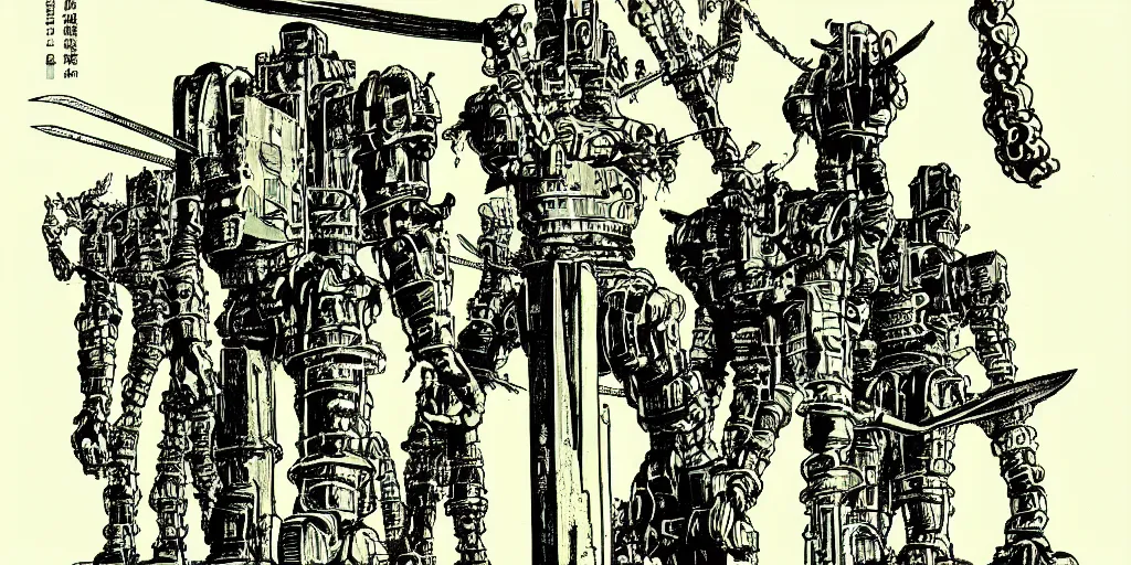 Prompt: grainy risograph, huge floating sword against huge robot machine with three heads, close - up, artstation, by moebius, jack gaughan, lehr paul, manga 2 0 0 0