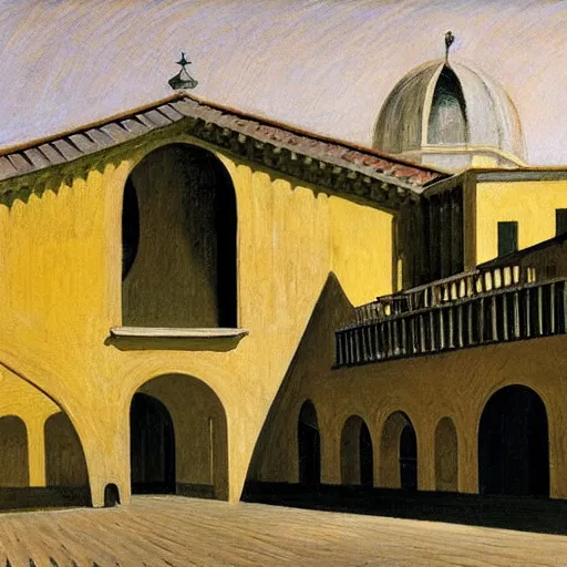 Image similar to in the distance, a little girl with short black hair and wearing a yellow coat alone in the inner courtyard of an abbey, the light is bright and wintry, painting by hopper and de chirico