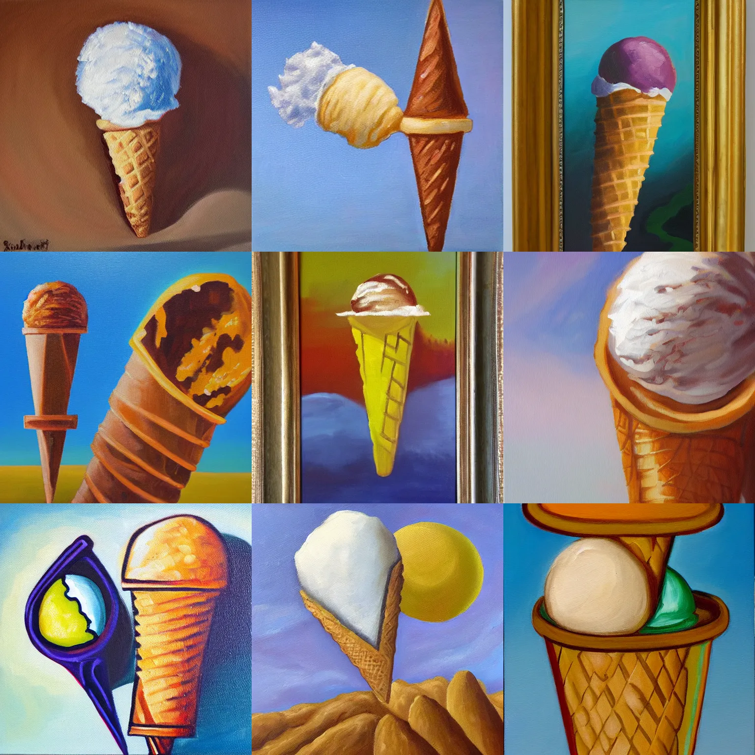 Prompt: oil on canvas, ice cream cone with earth scoop