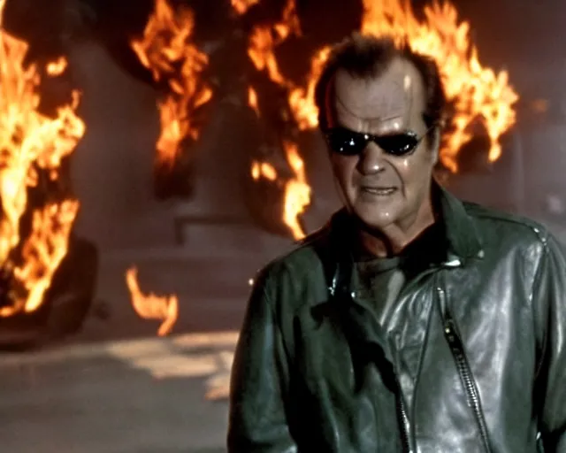 Prompt: Jack Nicholson plays Terminator wearing leather jacket and his endoskeleton is visible, walking out of flames
