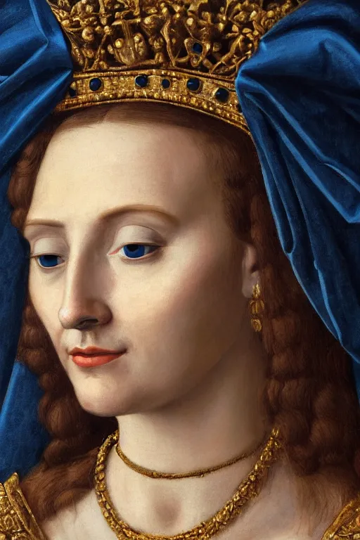 Prompt: hyperrealism extreme close-up portrait of medieval queen with golden skin, wearing hight detail blue clothes with ornaments, black roses as background, in style of classicism