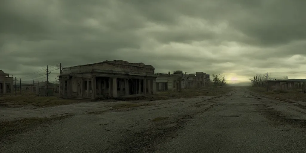 Image similar to a film still landscape by roger deakins - an abandoned city, 3 5 mm lens, early morning, dramatic lighting, cinematography, cinematic, global illumination, highly detailed, photorealistic