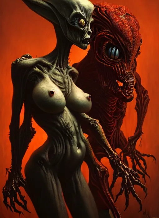 Prompt: ultra realist horror painting of a dimly lit attractive alien female and hellish creature together, very intricate details, focus, curvy figure, model pose, full frame image, artstyle hiraku tanaka and craig mullins, award winning