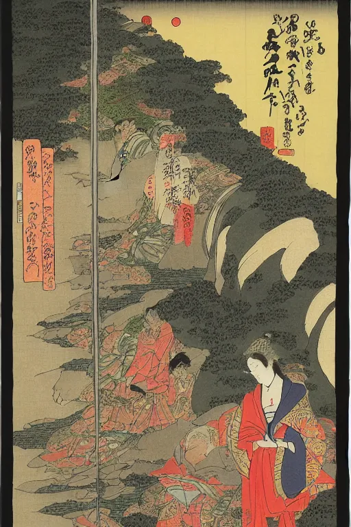 Image similar to the painting'hatsuhana doing penance under the tonosawa waterfall'by utagawa kuniyoshi turned into a 3 d model