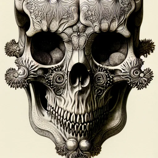 Image similar to art forms of nature by ernst haeckel, memento mori by arthur rackham, ornate antique porcelain beautiful skull mask, ultrasharp, photorealistic, hyperdetailed, octane render, polished, art nouveau, neo - gothic, gothic, intricate ornamental organic filigree, art nouveau botanicals, art forms of nature by ernst haeckel, horizontal symmetry, symbolist, visionary