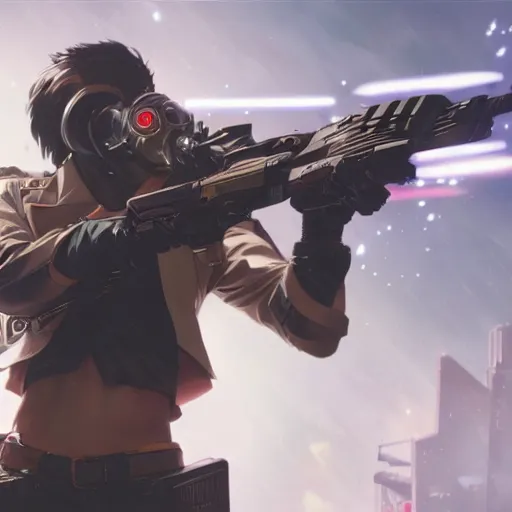 Image similar to close up illustration of a cyberpunk gunslinger pointing his gun shooting bullets, gungrave, anime, tri - gun, very detailed, 8 k, by greg rutkowski,