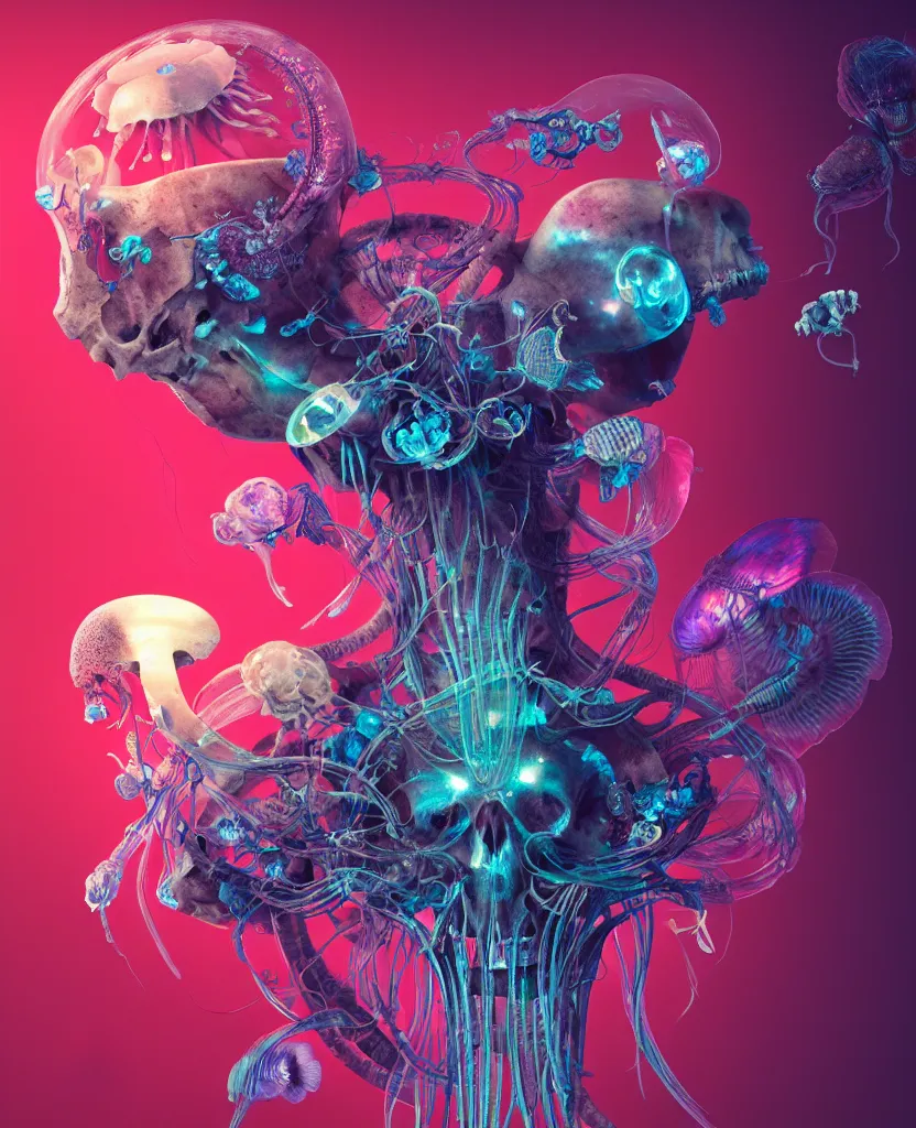 Image similar to goddess close-up portrait ram skull, thorax, x-ray, backbone, jellyfish phoenix head, nautilus, orchid, skull, betta fish, bioluminiscent creatures, intricate artwork by Tooth Wu and wlop and beeple. octane render, trending on artstation, greg rutkowski very coherent symmetrical artwork. cinematic, hyper realism, high detail, octane render, 8k