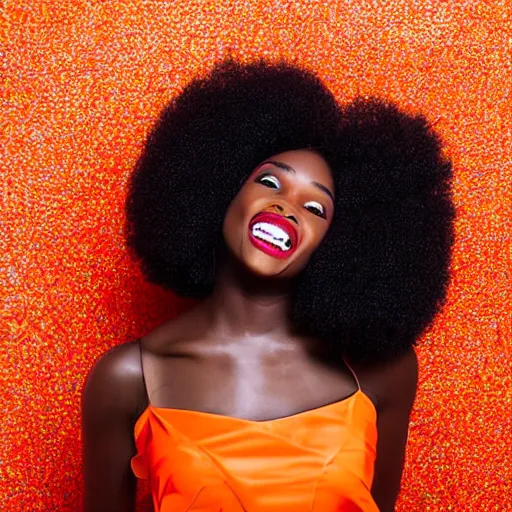 Prompt: Portrait of a playful winking and smiling with tongue out beautiful Black young female model with large afro, in 70s bright fashion orange style, studio lighting, advertising, dramatic colorful lighting, Zeiss 150mm f2.8 Hasselblad, award-winning photo