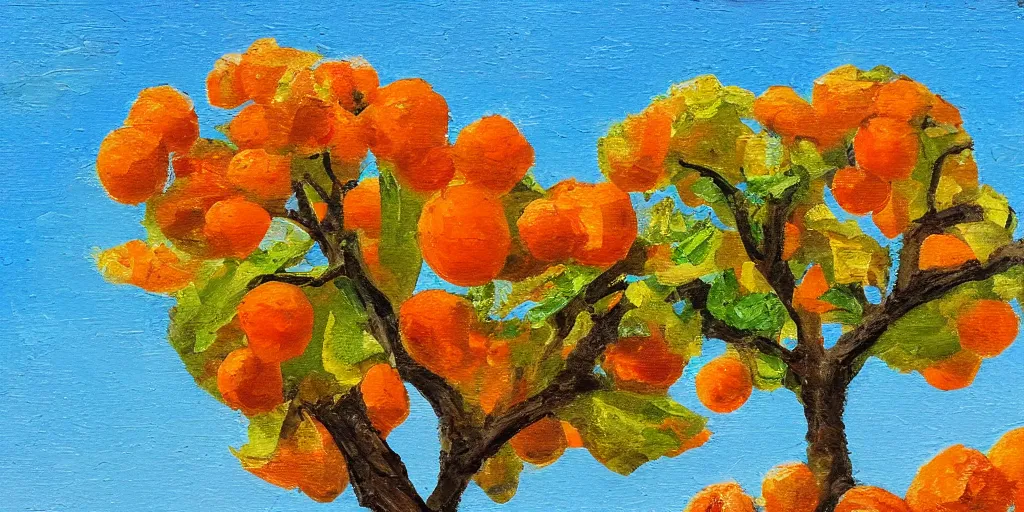 Image similar to brunch of orange tree against bright blue sky closeup, oil paint