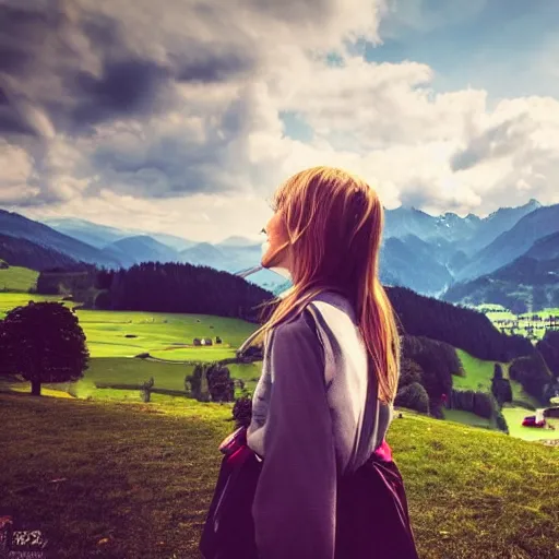 Image similar to a beautiful photograph of a girl with switzerland landscape in the background with trees, hdr, 8 k, high quality, sharp focus, artstation, highly detailed, award - winning, dramatic lighting, beautiful clouds, and nature