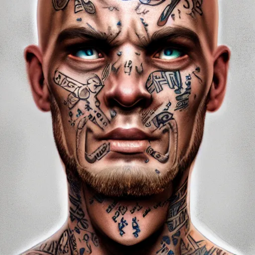 Image similar to a detailed full body portrait of a face tattoed man, digital concept art illustration, incredibly detailed and realistic, 8 k, sharp focus