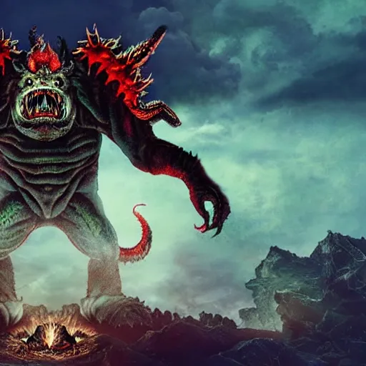 Image similar to demonic Kaiju Bowser roaring into the sky, muscular arms, standing upright, talons, horns, super Mario, horror, Cthulhu, highly detailed, ruined kingdom