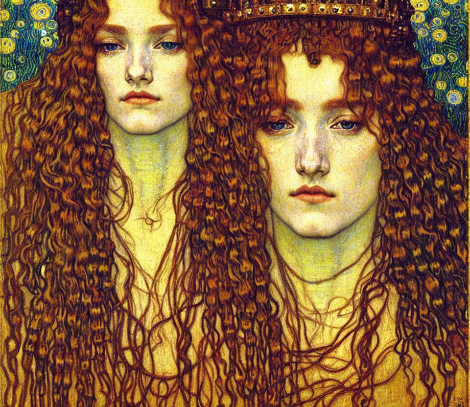 Image similar to detailed realistic beautiful young medieval queen face portrait by jean delville, gustav klimt and vincent van gogh, art nouveau, symbolist, visionary, gothic, pre - raphaelite, muted earthy colors, desaturated