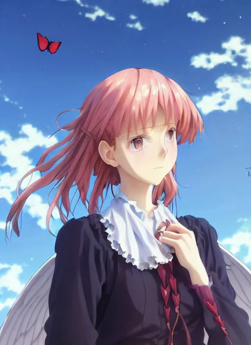 Prompt: Painting of a cottagecore witch with strawberry hair in the style of Violet Evergarden, beautiful anime art style, winged eyelashes, countryside, calm, fantasy character portrait, dark outlines, dynamic pose, above view, sunny day, artwork by Makoto Shinkai, very coherent asymmetrical artwork, sharp edges, perfect face, simple form, 100mm