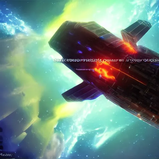 Image similar to a space freighter breaking up in a nebula, spaceship, damage, scifi, concept art, science fiction